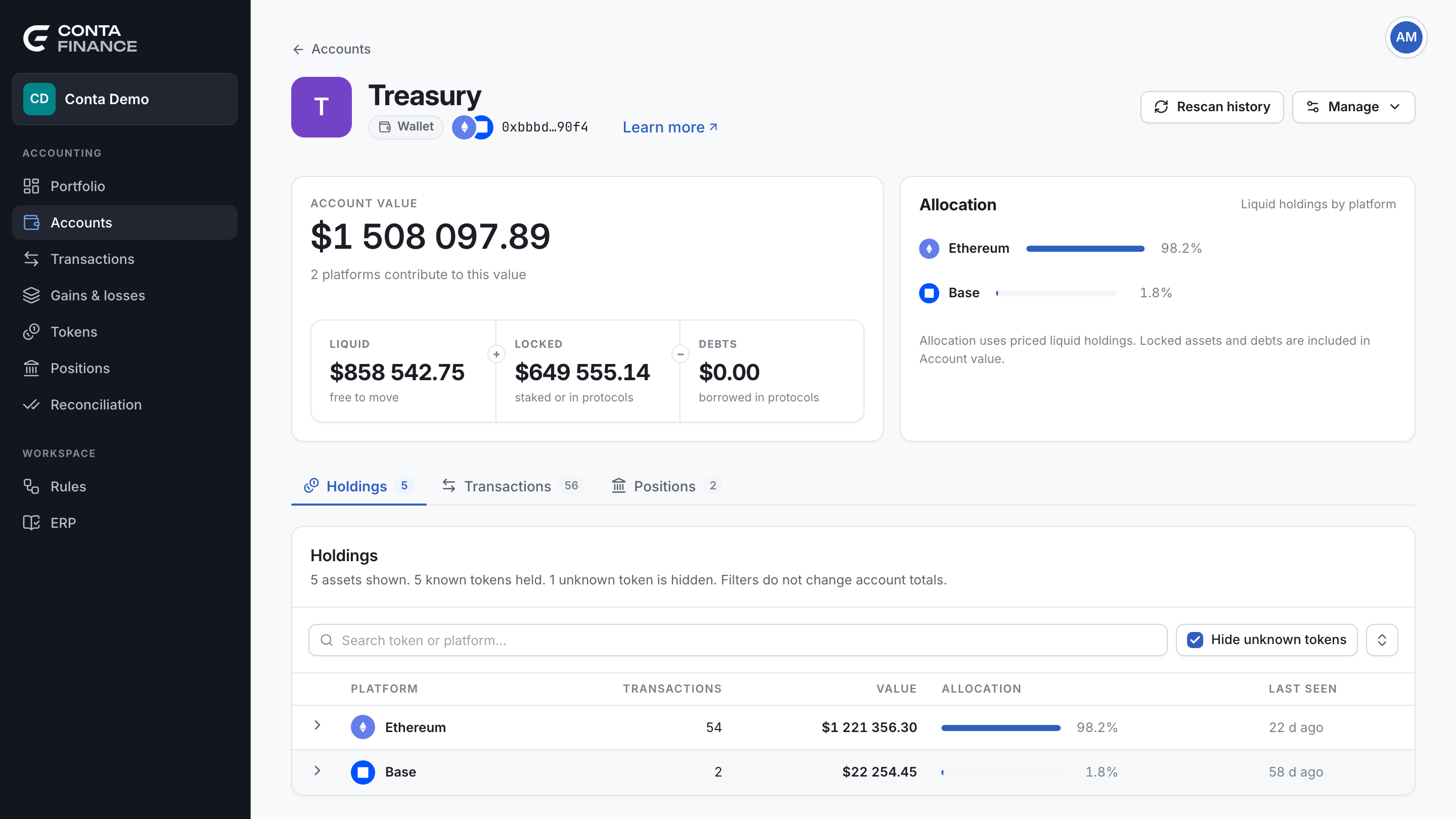 The account page with the header, the Account value card, the Allocation card and the Holdings tab