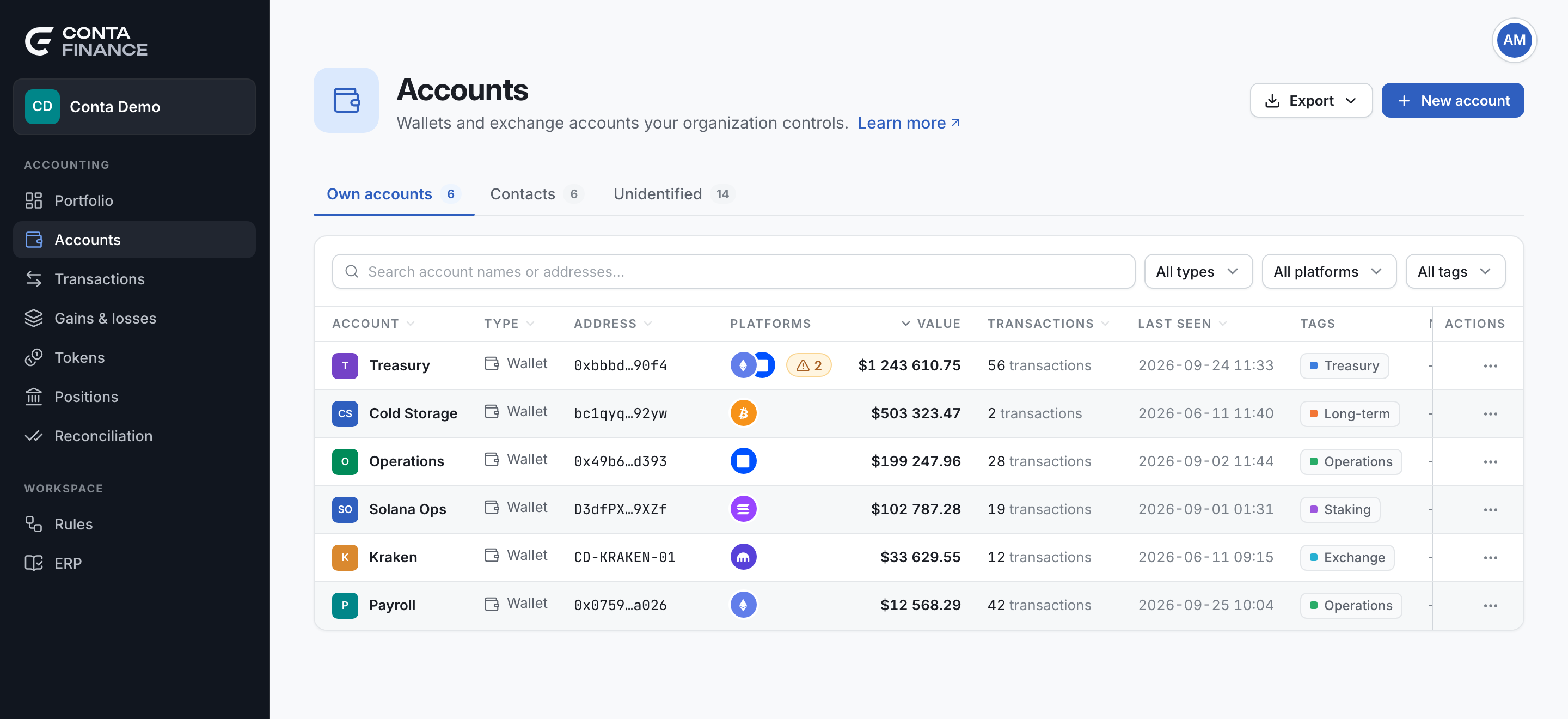 The Accounts page with the three tabs, the header actions, the toolbar and the first rows of Own accounts