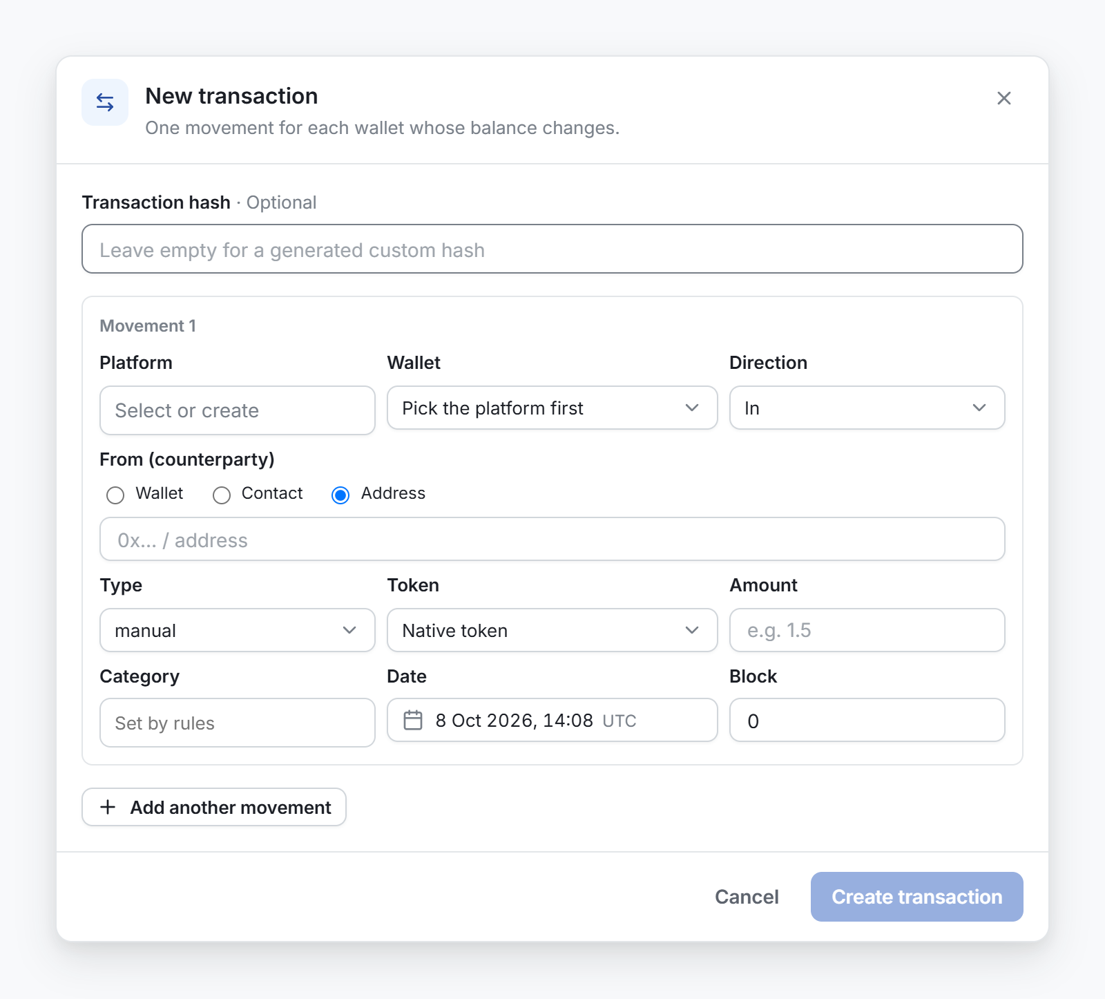 The Add transaction window, with the fields of the first movement