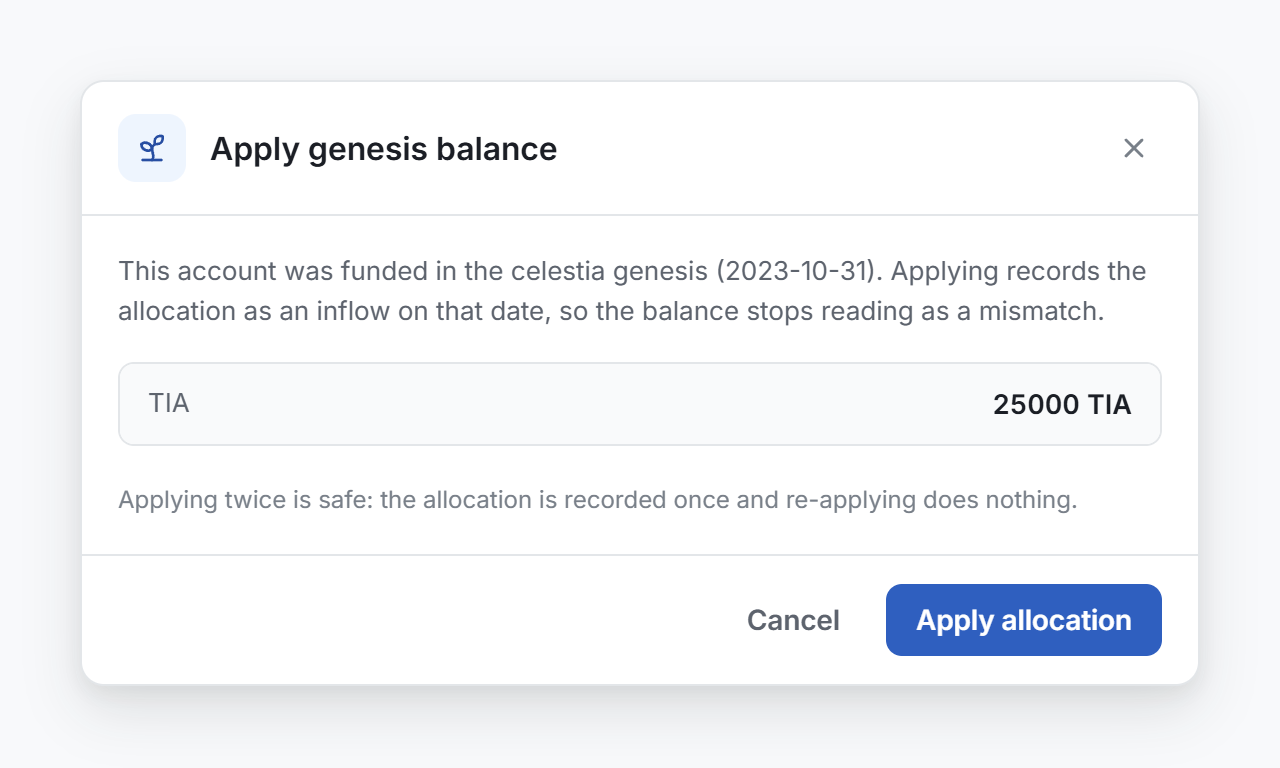 The Apply genesis balance window, with the allocation, the genesis date and the Apply allocation button