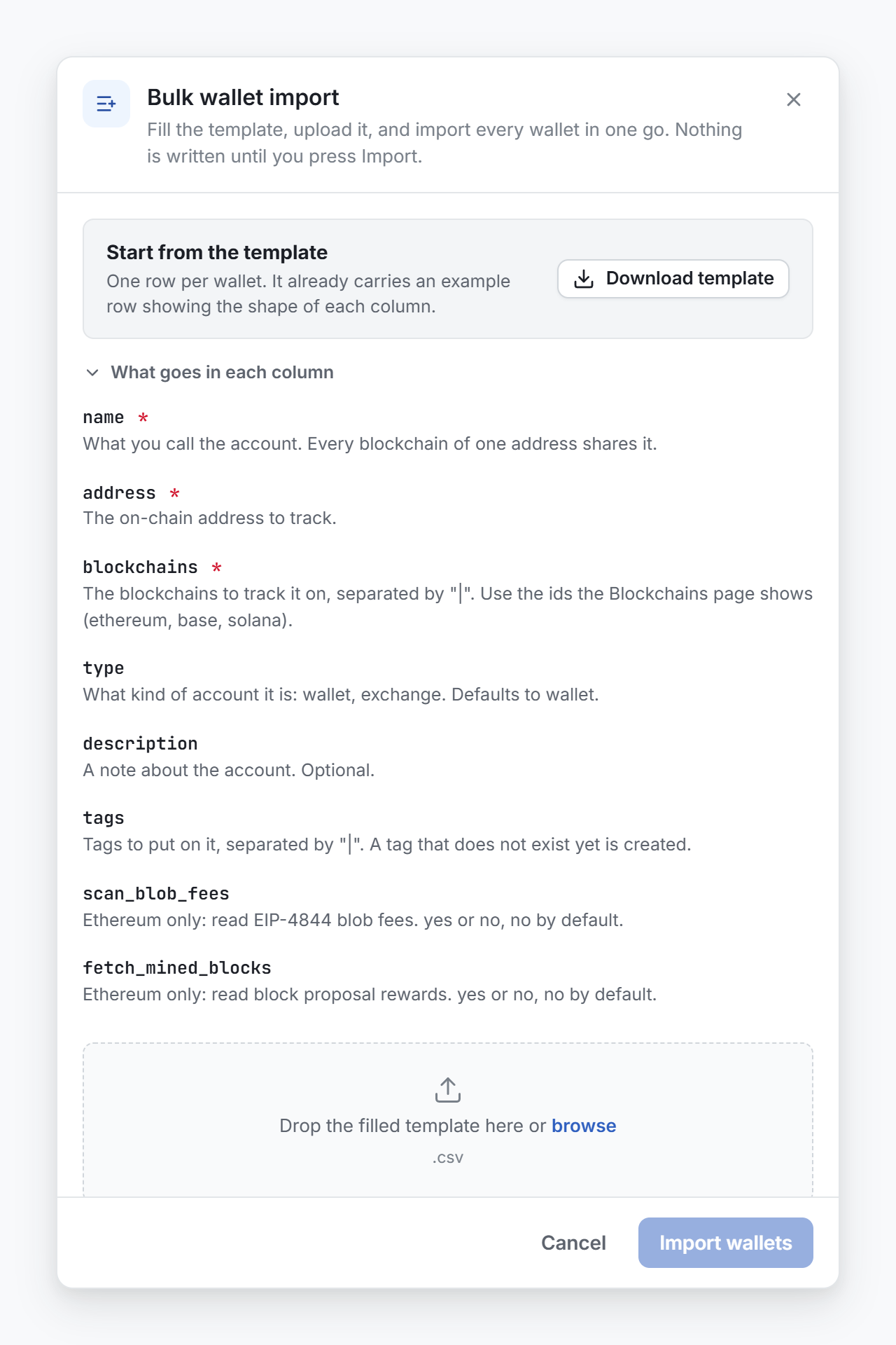 The template step, with Download template, the column guide open and the drop area