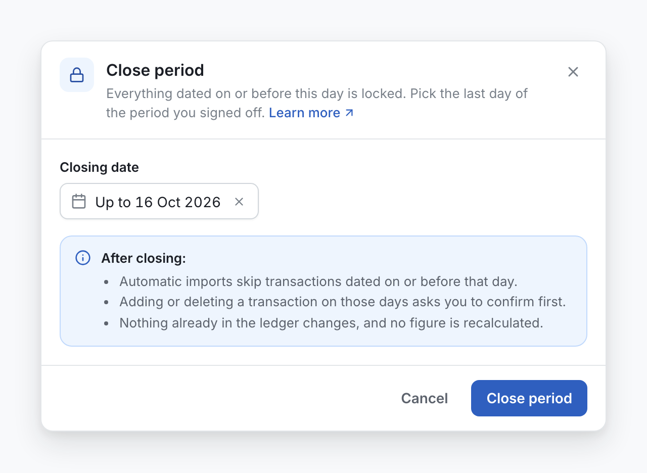 The Close period window, with the closing date and the list of what changes