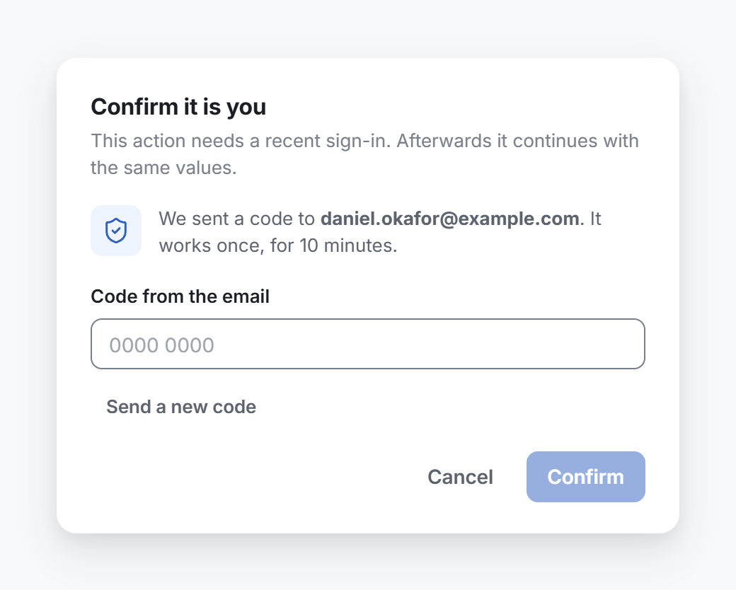 The Confirm it is you window after the code was sent, with the field for the code from the email