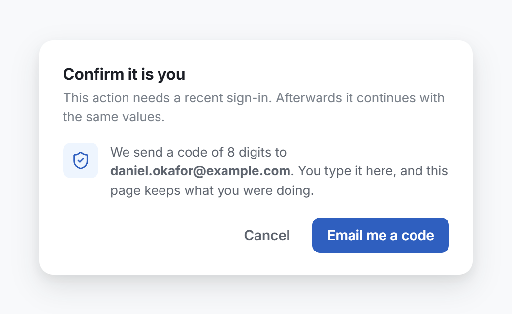 The Confirm it is you window for a person who signs in with a code by email