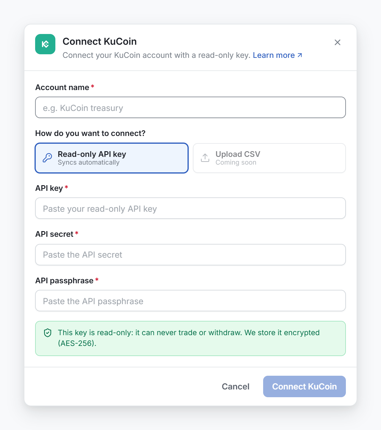 The Connect KuCoin window, with the account name and the three key fields