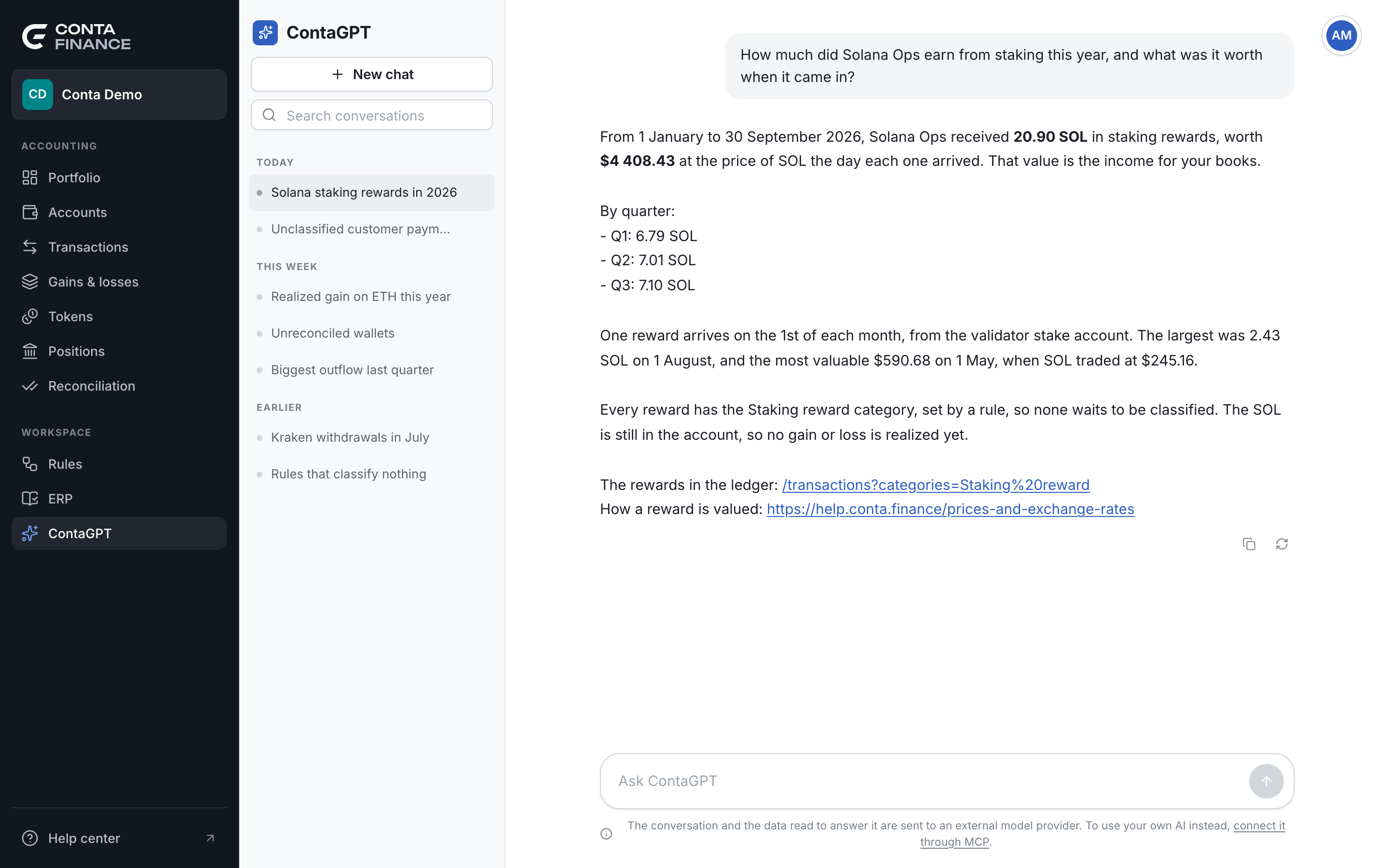 A ContaGPT chat, with the conversation list on the left, a question, an answer with figures and links, and the box to ask