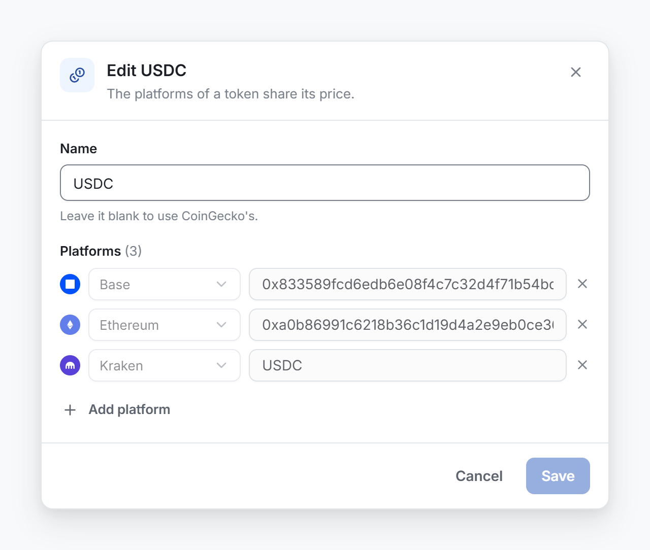 The Edit window of a token, with its platforms