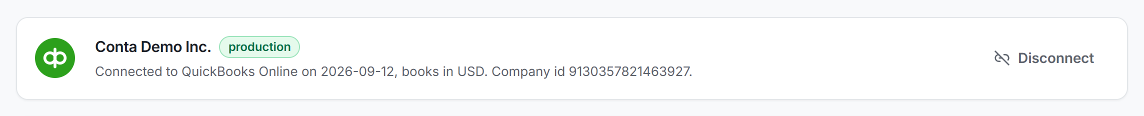 The connection card on the Rules tab of the ERP page, with the company name, the books currency and the Disconnect button
