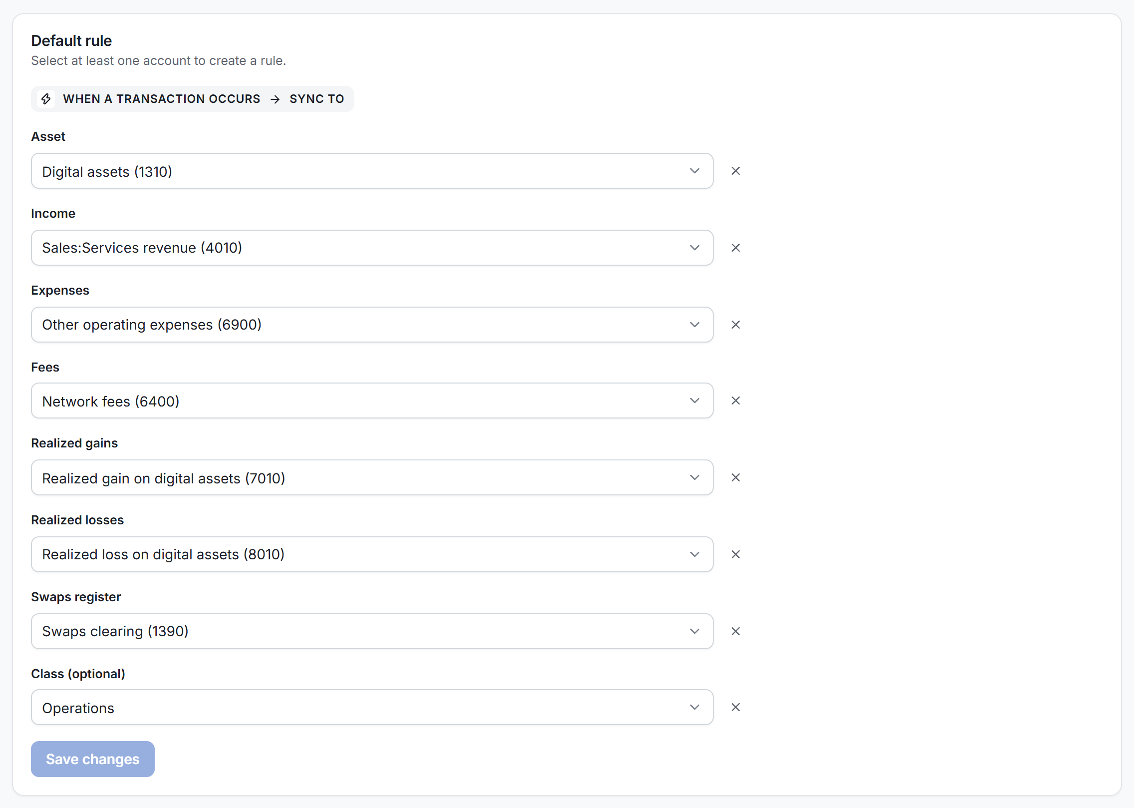 The default rule on the Rules tab, with a QuickBooks account picked in each slot and a class