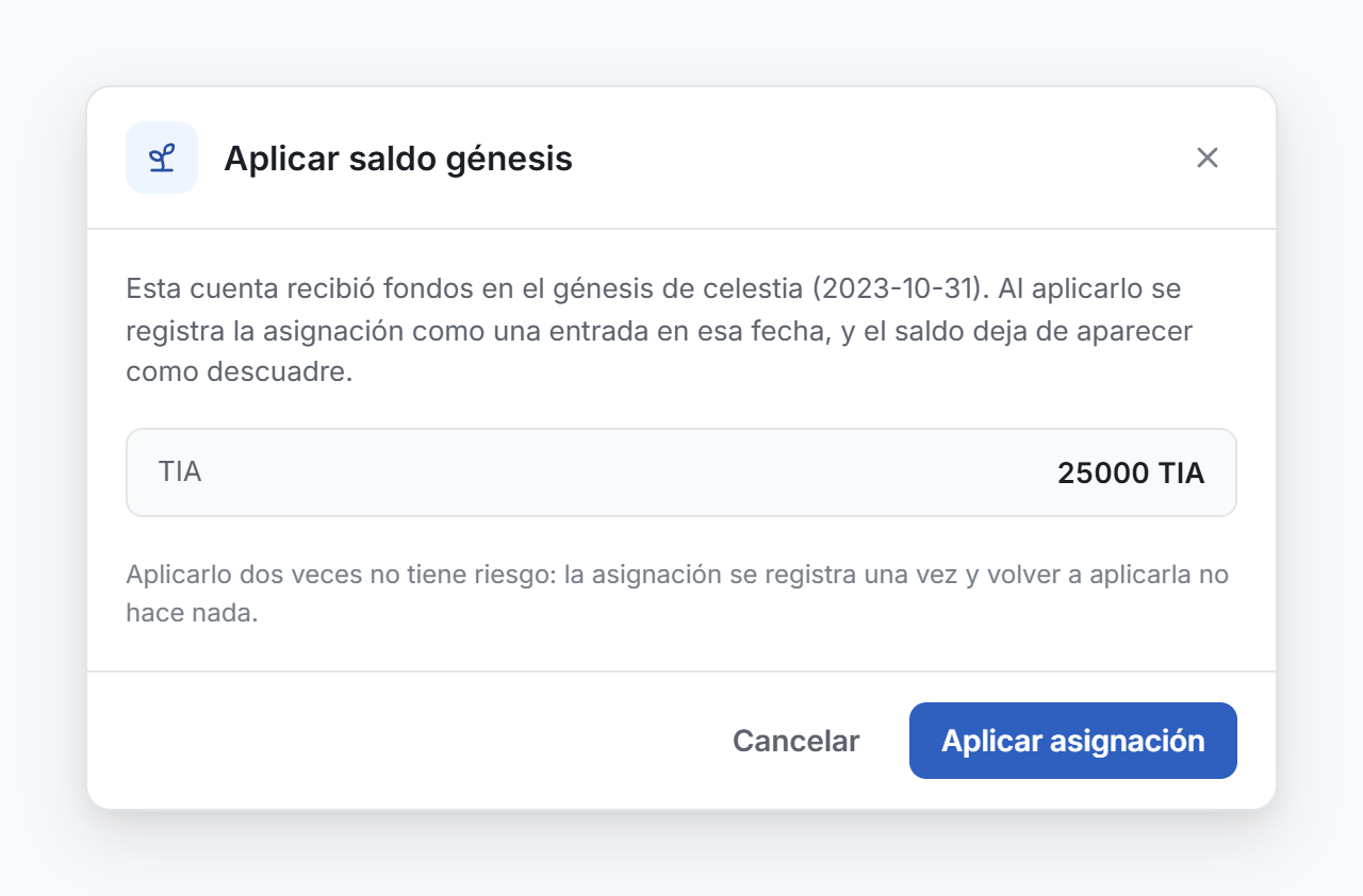 La ventana Aplicar saldo génesis, con la asignación, la fecha del génesis y el botón Aplicar asignación