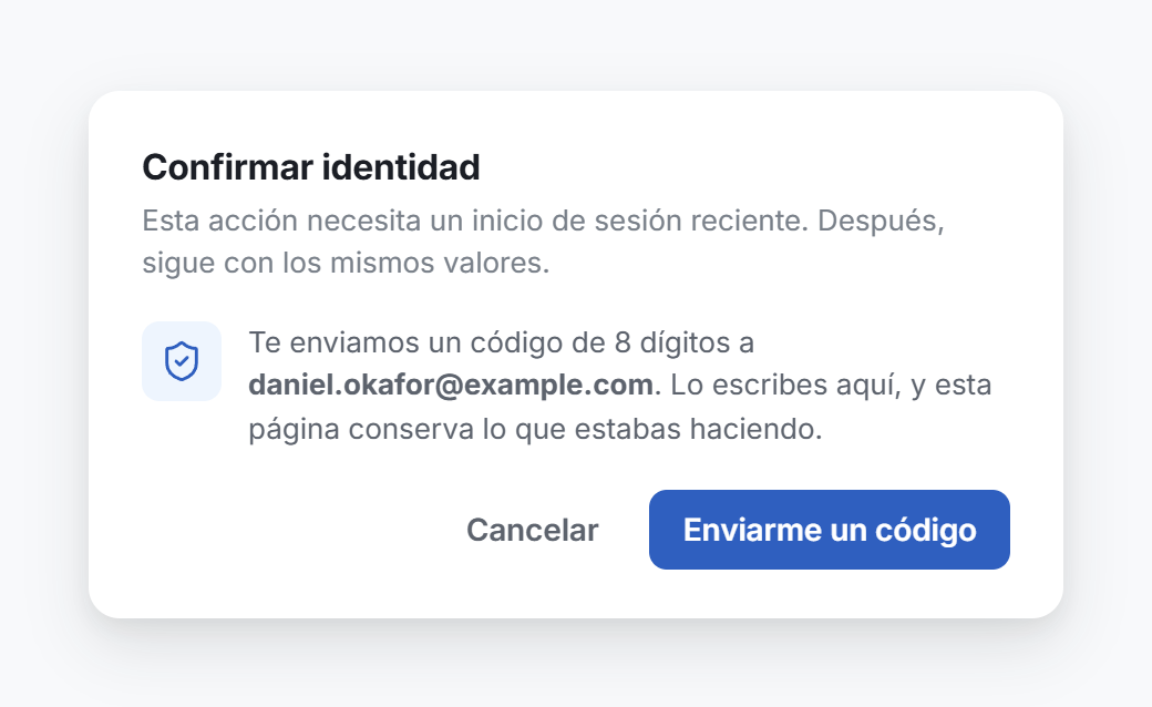 La ventana Confirmar identidad para una persona que inicia sesión con un código por correo