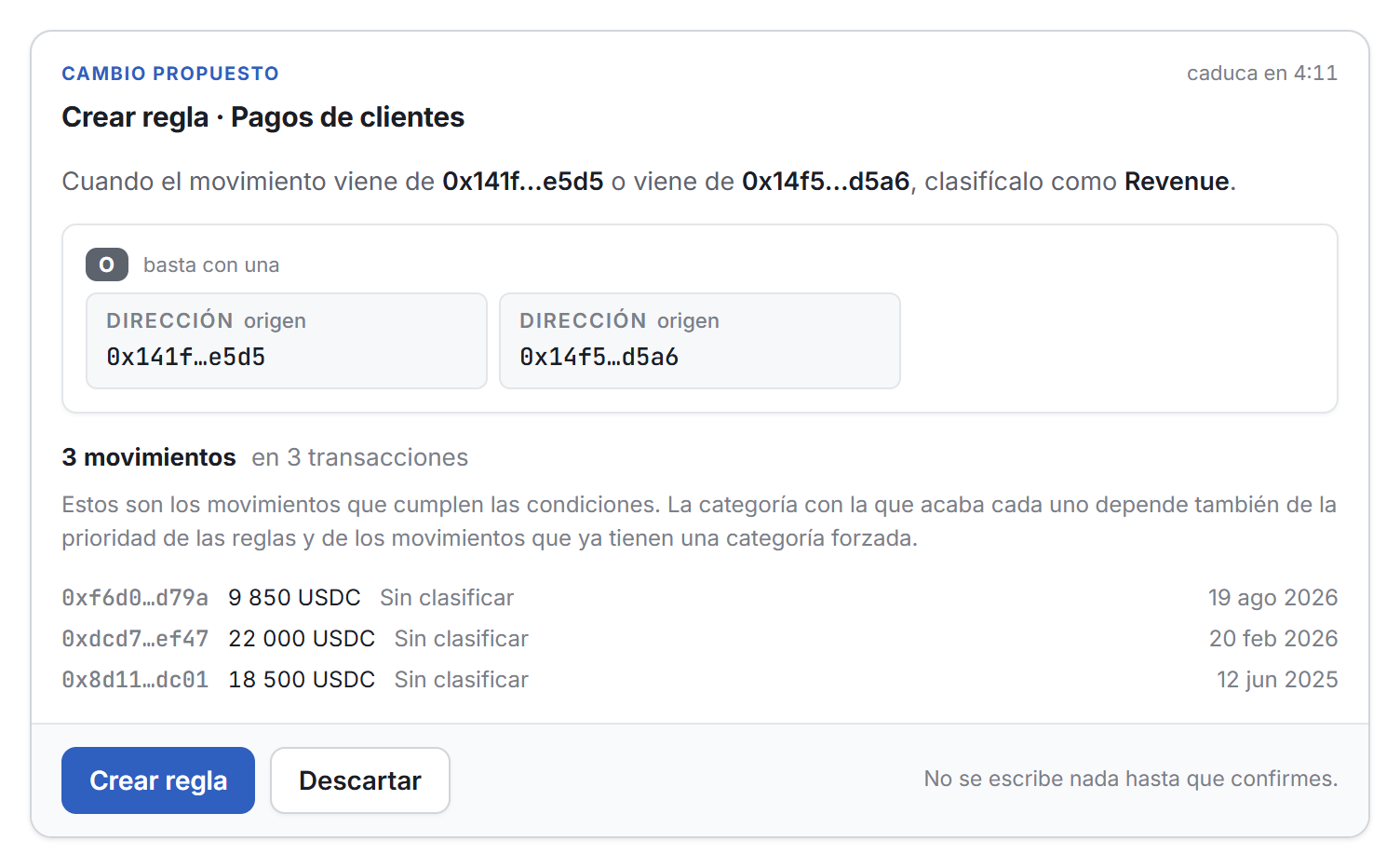 Una tarjeta de propuesta de ContaGPT para una regla nueva, con la regla, los movimientos que cumplen sus condiciones, la caducidad y los botones
