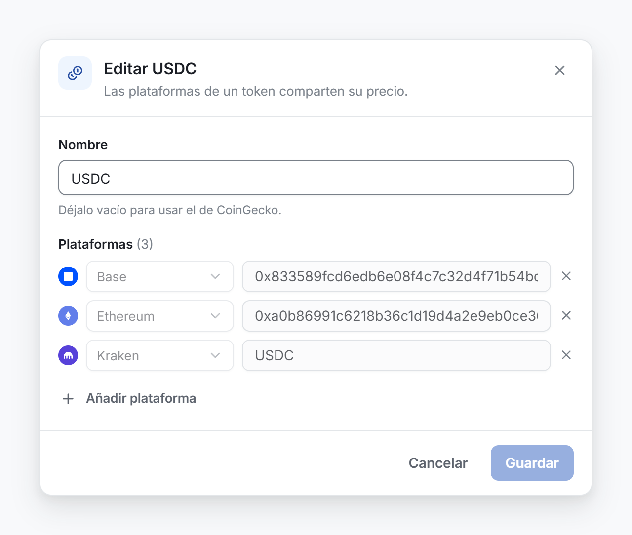 La ventana de edición de un token, con sus plataformas