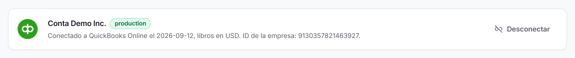 La tarjeta de conexión de la pestaña Reglas de la página ERP, con el nombre de la empresa, la moneda de la contabilidad y el botón Desconectar