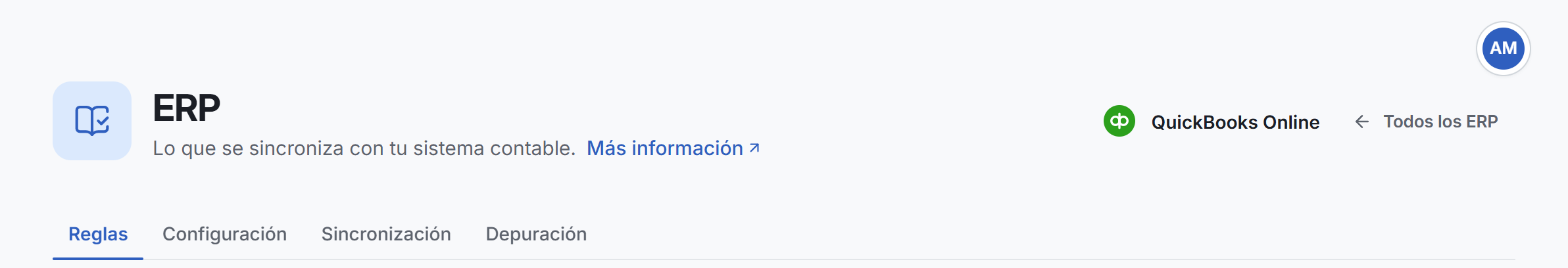 La cabecera de la página ERP con la marca de QuickBooks Online y las pestañas Reglas, Configuración, Sincronización y Depuración