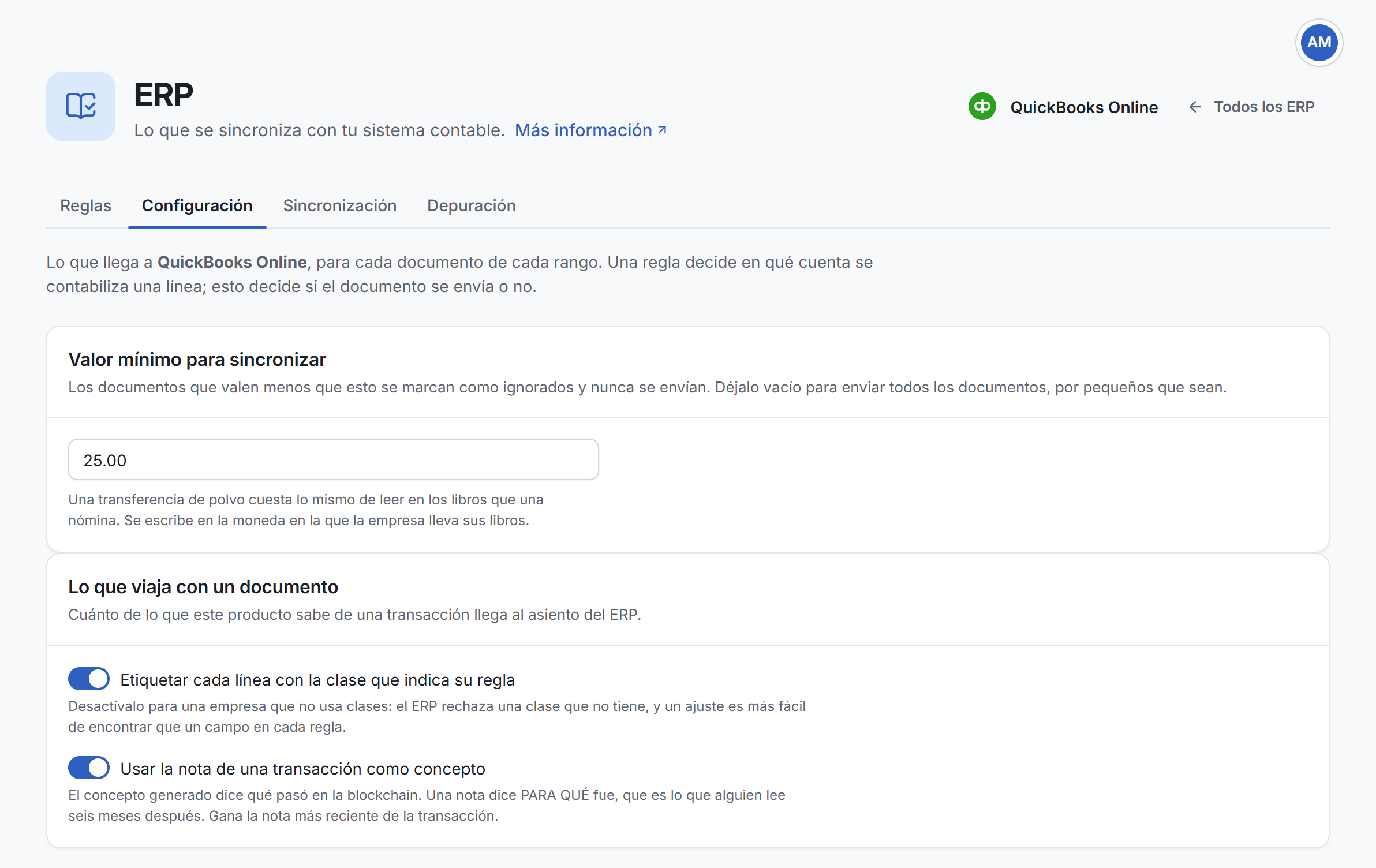 La pestaña Configuración de la página ERP, con la tarjeta Valor mínimo para sincronizar y la tarjeta Lo que viaja con un documento