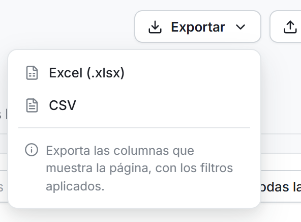 El menú Exportar, con los dos formatos y la nota sobre lo que contiene el archivo