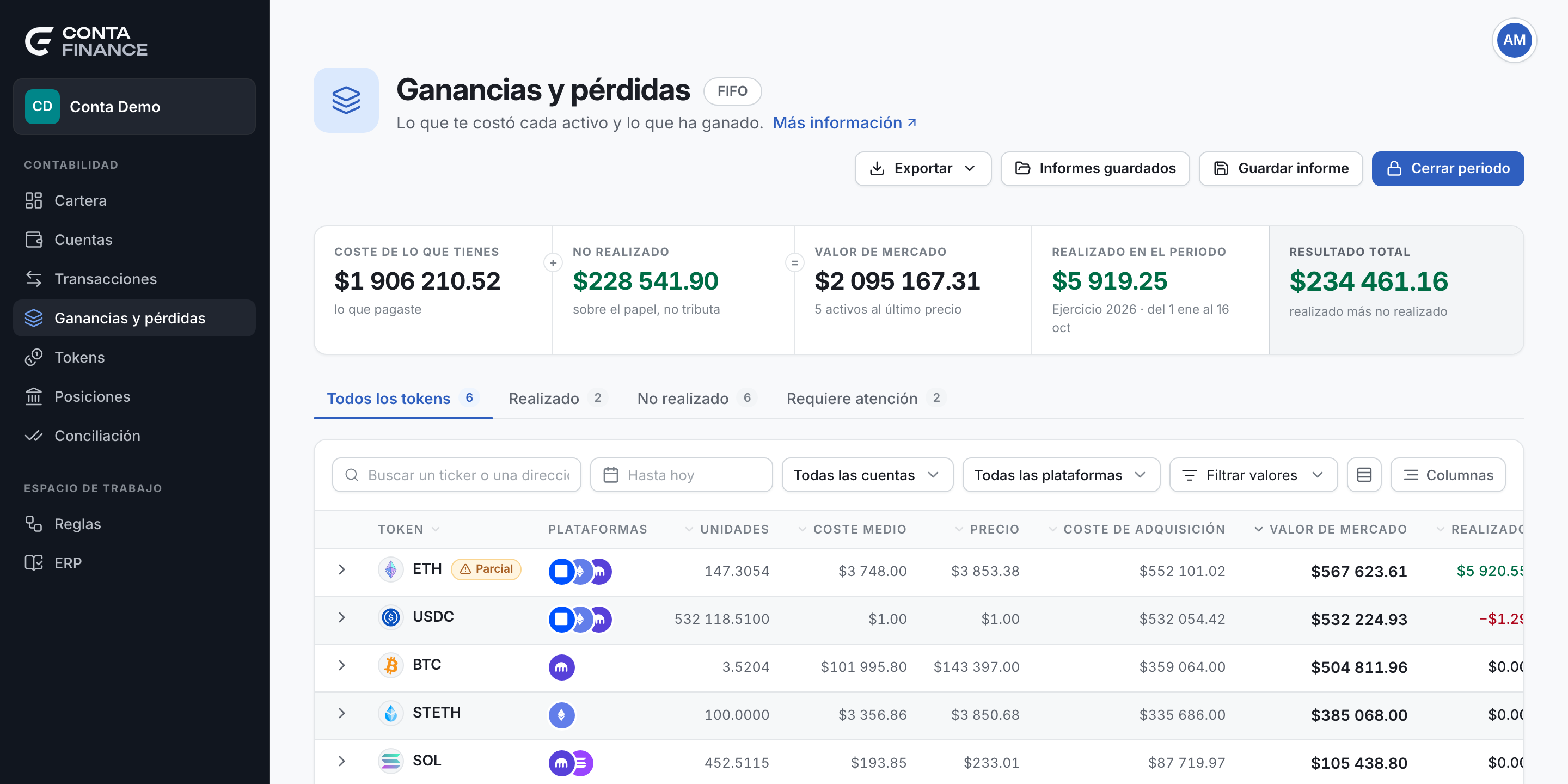 La página Ganancias y pérdidas con su cabecera, la banda de totales y la pestaña Todos los tokens