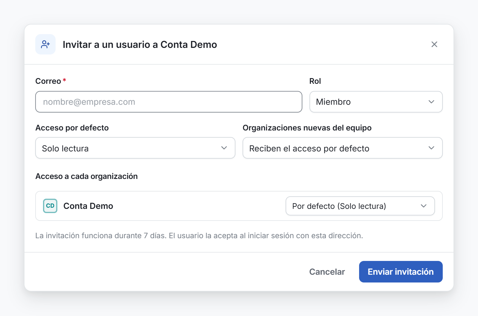 La ventana Invitar a un usuario, con el correo, el rol, el acceso por defecto y el acceso a cada organización