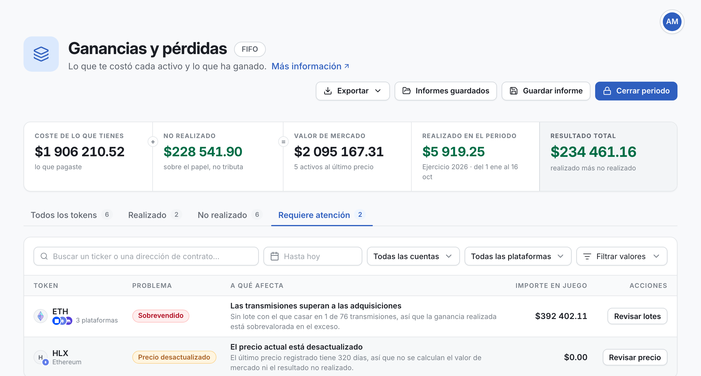 La pestaña Requiere atención de la página Ganancias y pérdidas, con un token sobrevendido y un precio desactualizado