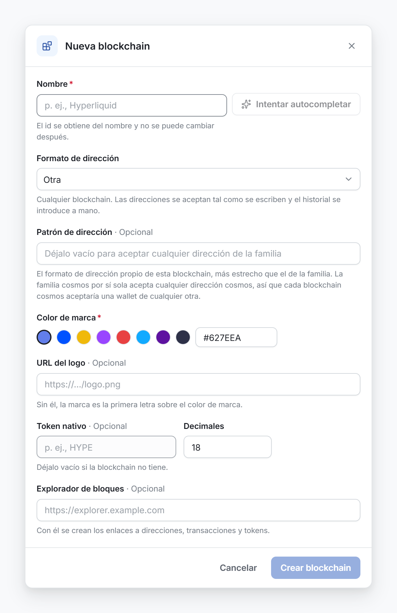 La ventana Nueva blockchain, con el nombre, Intentar autocompletar, el formato de dirección y el color de marca