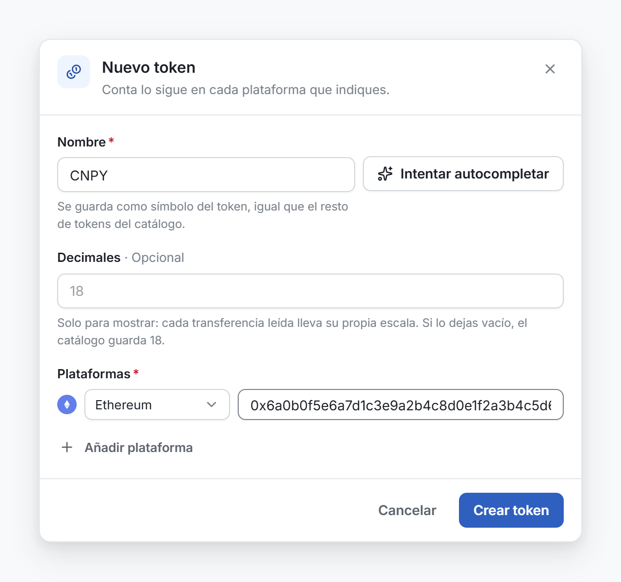 La ventana Nuevo token, con el nombre, Intentar autocompletar, los decimales y una plataforma