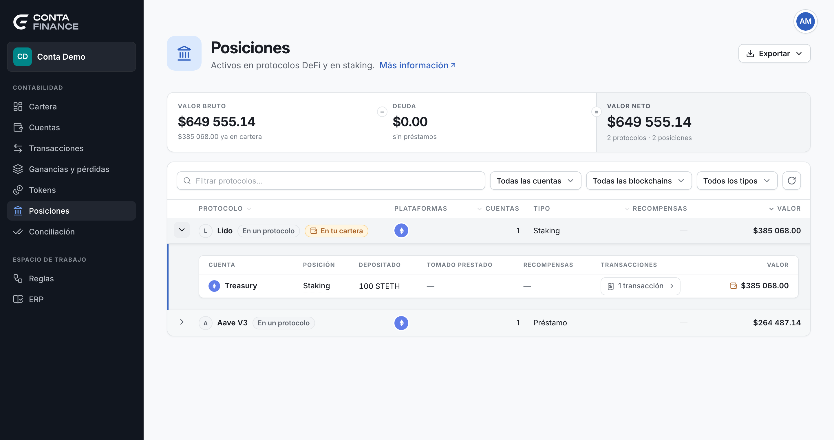 La página Posiciones con la banda, la barra de herramientas y una fila de protocolo desplegada con sus posiciones
