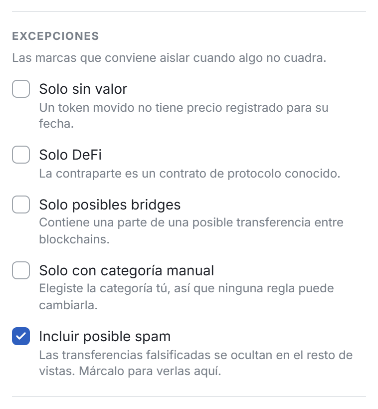 La sección Excepciones de Todos los filtros, con Incluir posible spam marcado