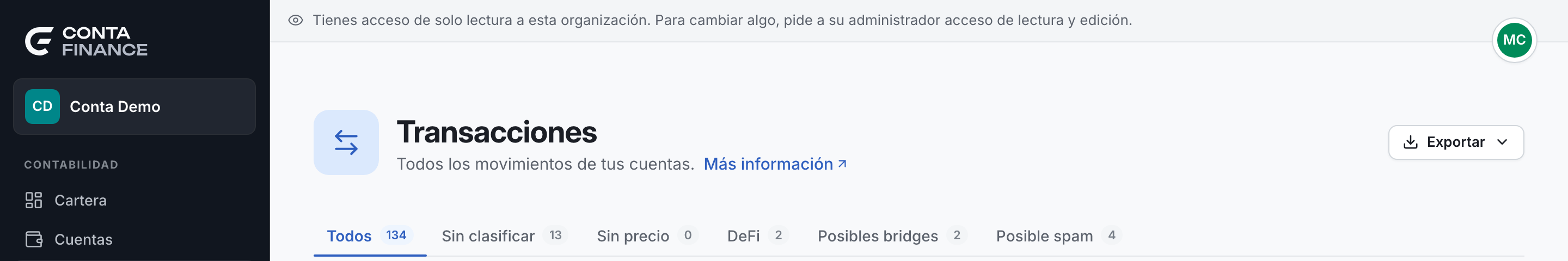 Una página de la app con el aviso de solo lectura arriba