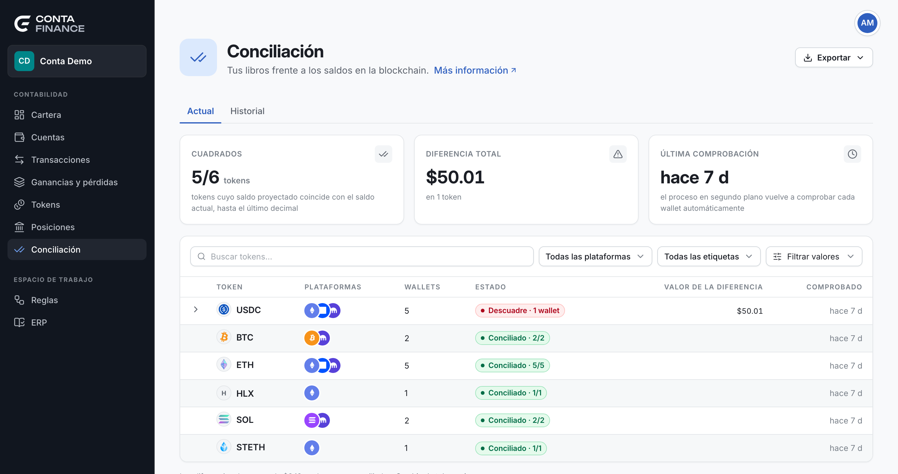 La pestaña Actual de la página Conciliación, con las tres tarjetas y la lista de tokens