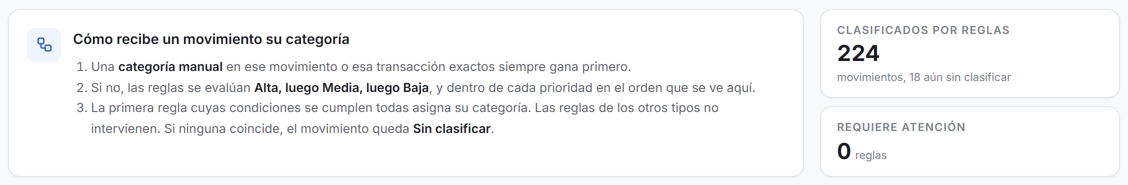 La tarjeta Cómo recibe un movimiento su categoría de la página Reglas