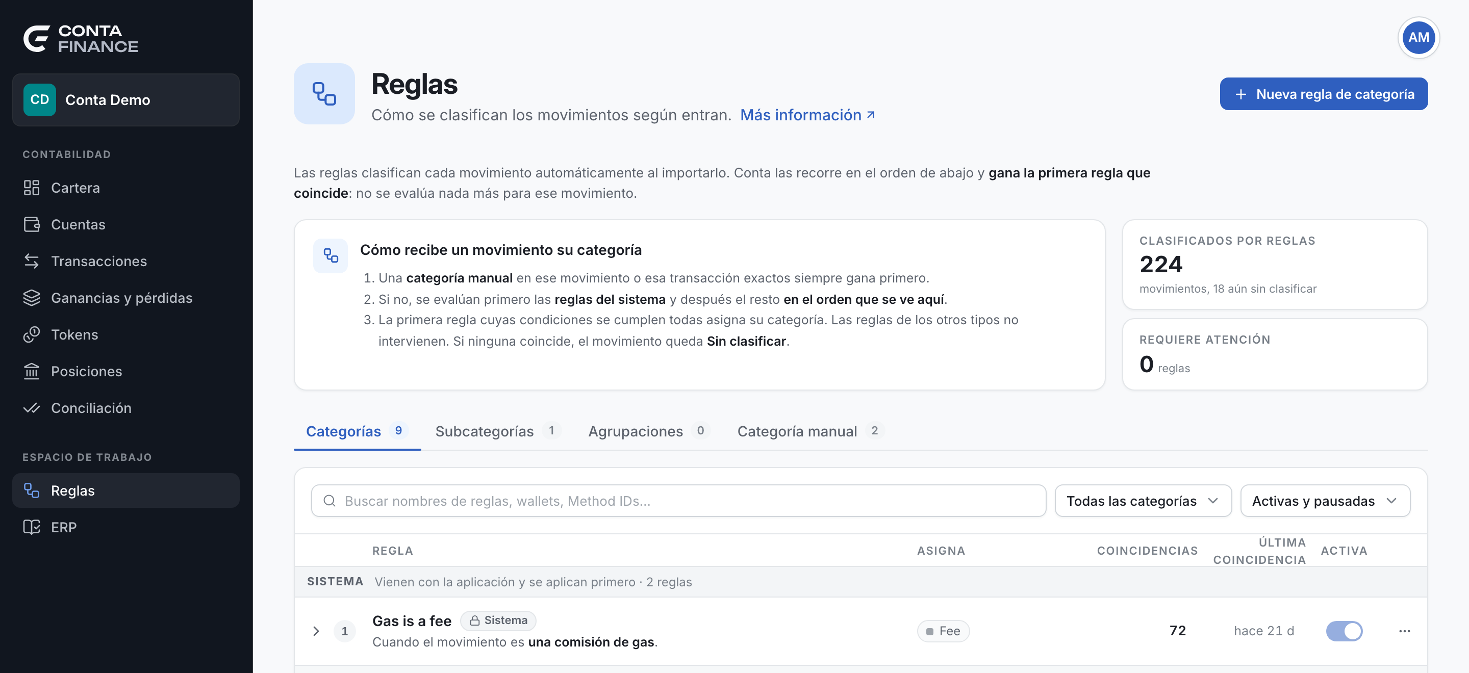 La página Reglas en la pestaña Categorías, con la tarjeta explicativa, los dos indicadores, la barra de herramientas y el primer grupo de reglas