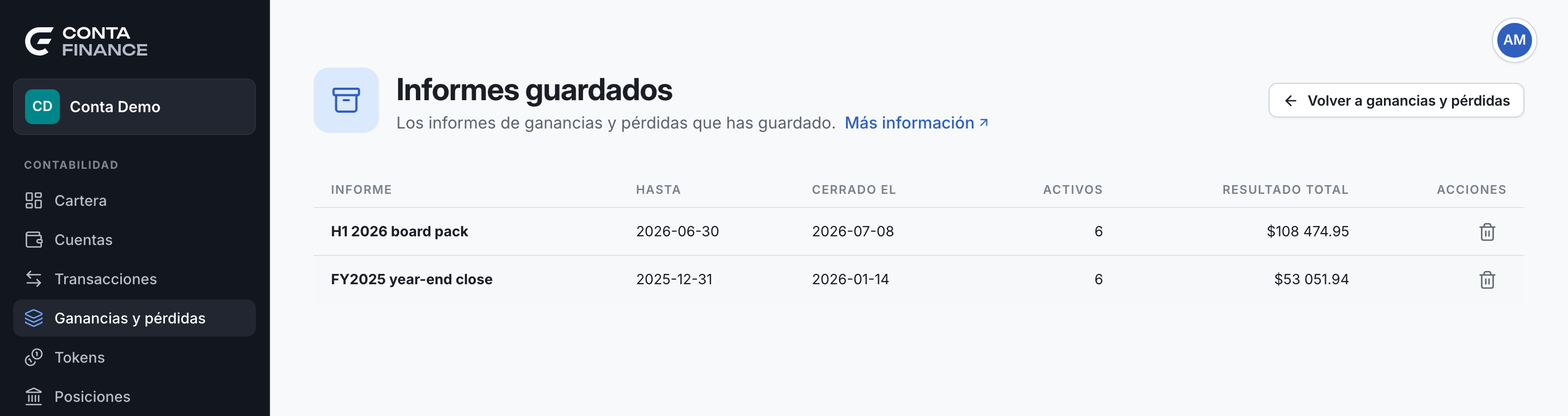 La página Informes guardados, con la lista de informes y sus columnas