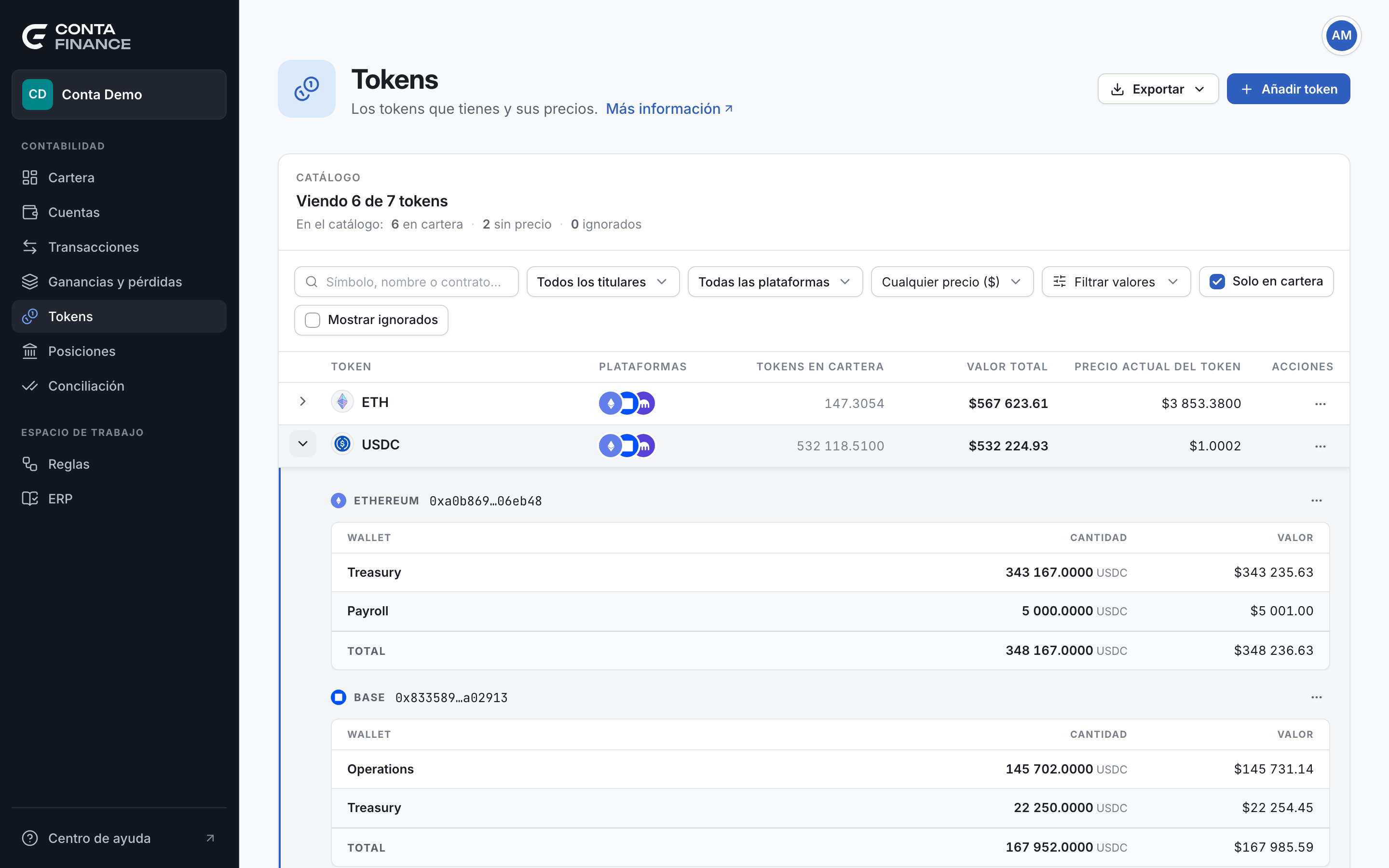 La página Tokens con el recuento, la barra de herramientas y un token desplegado con sus plataformas y quién lo tiene