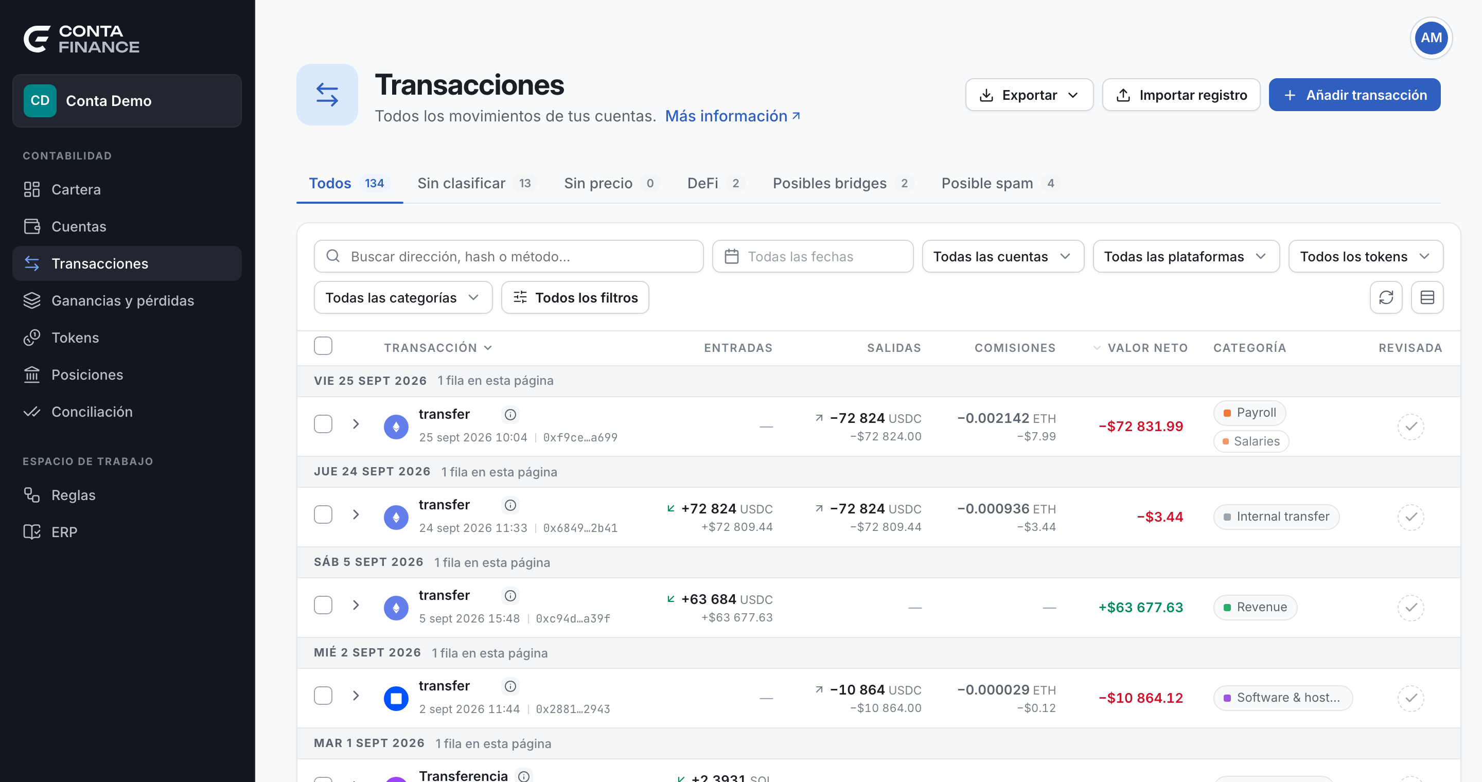 La página Transacciones con las acciones de la cabecera, las vistas de trabajo, la barra de herramientas y las primeras filas de la tabla