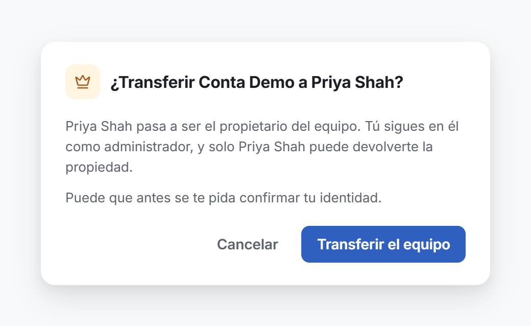 La ventana que pide transferir el equipo a una persona, con el botón Transferir el equipo