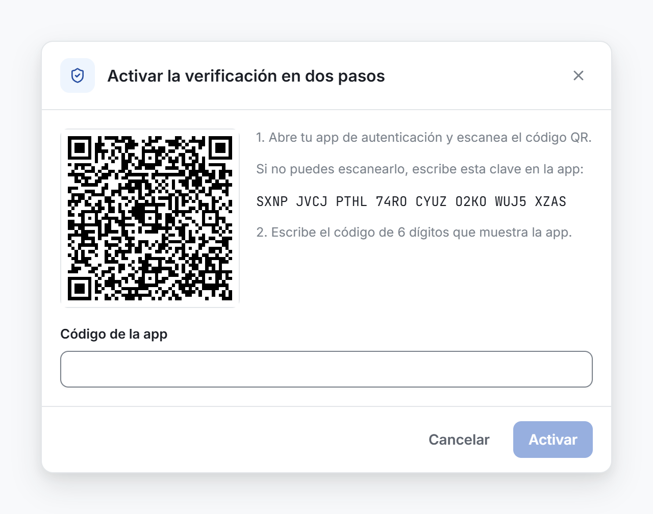 La ventana Activar la verificación en dos pasos, con el código QR y el campo del código
