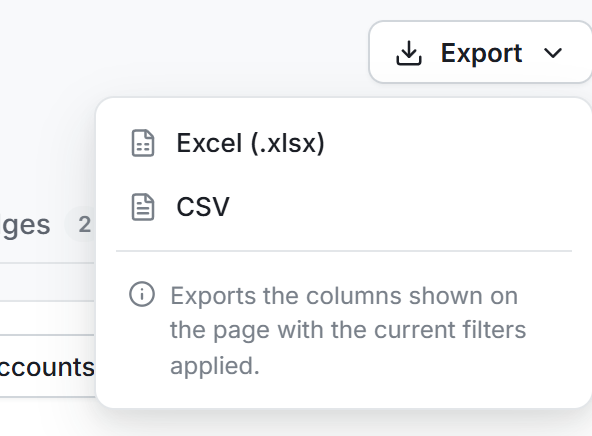 The Export menu, with the two formats and the note on what the file holds
