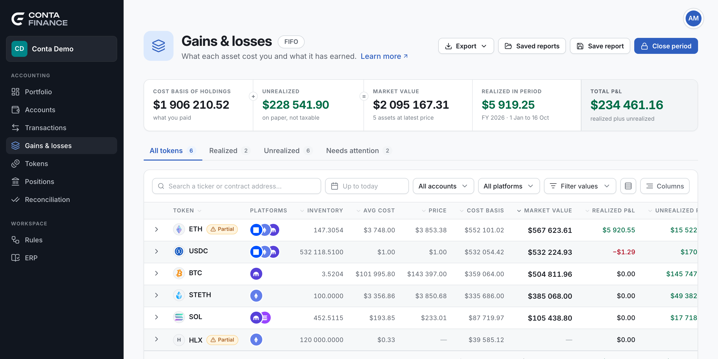 The Gains & losses page with its header, the band of totals and the All tokens tab