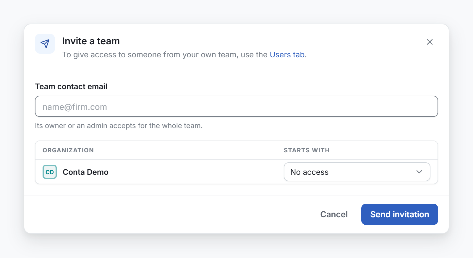 The Invite a team window, with the team contact email and the access each organization starts with