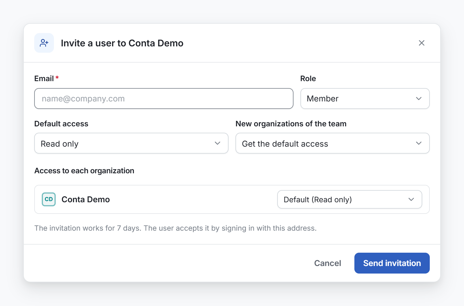 The Invite a user window, with the email, the role, the default access and the access to each organization