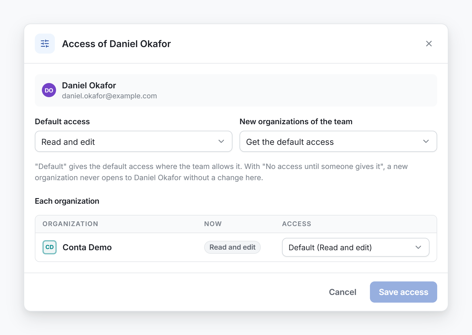 The Access window of a member, with the default access, the policy for new organizations and one row for each organization