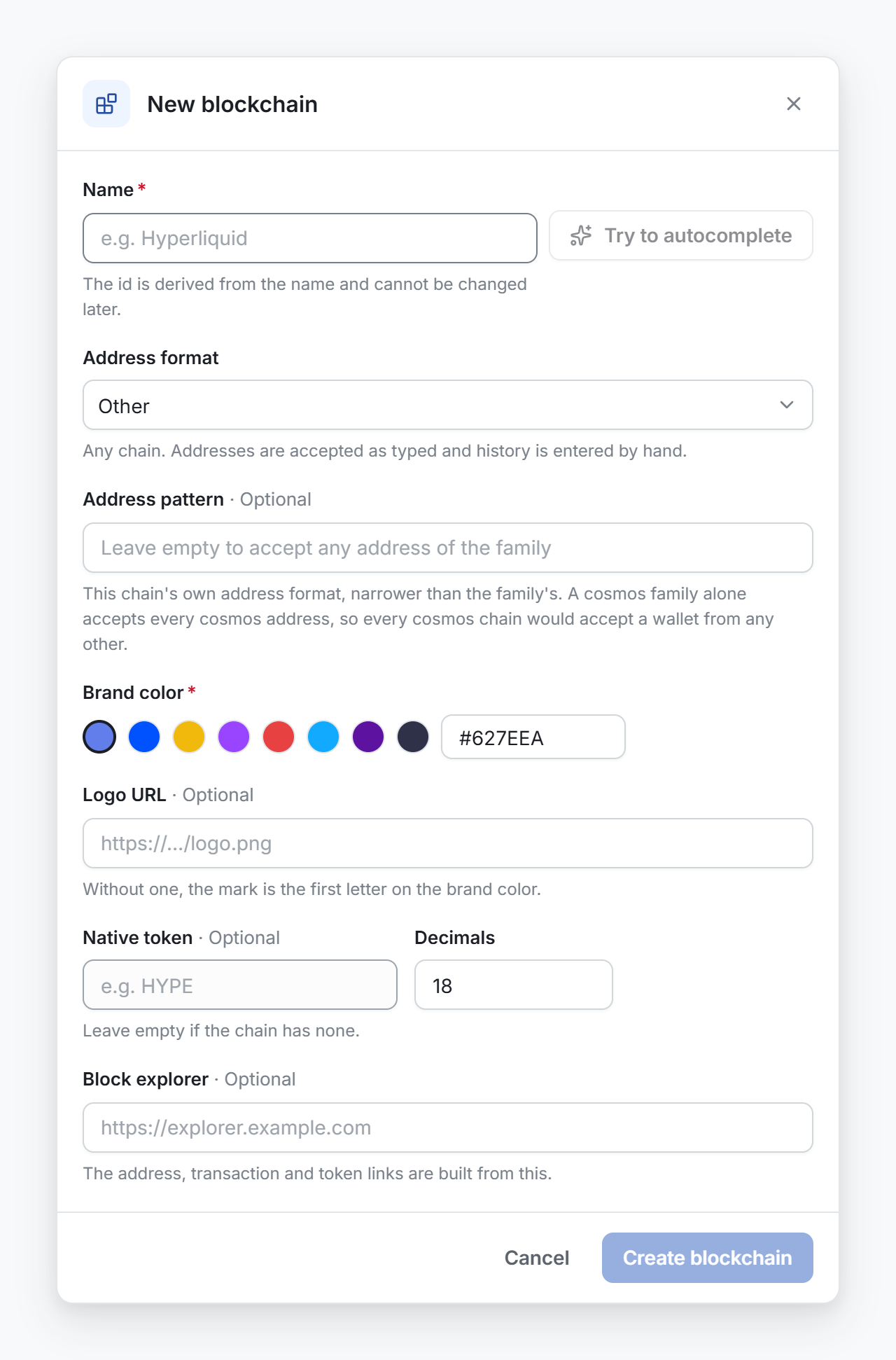 The New blockchain window, with the name, Try to autocomplete, the address format and the brand color