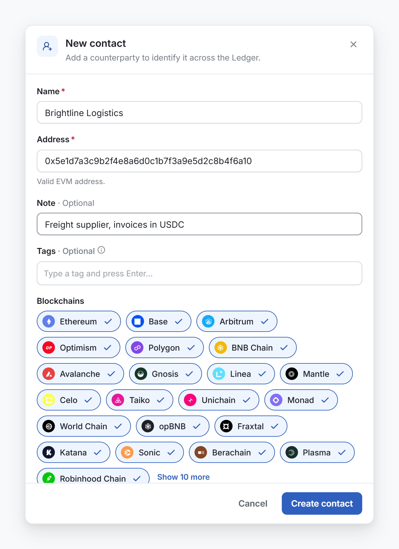 The New contact form, with the name, the address, the note, the tags and the Blockchains chips