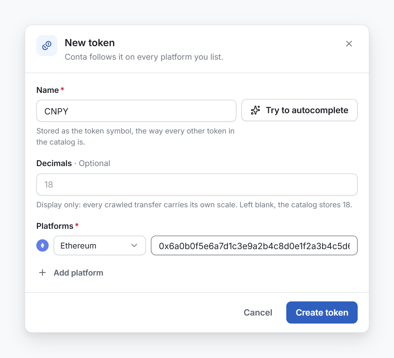 The New token window, with the name, Try to autocomplete, the decimals and one platform