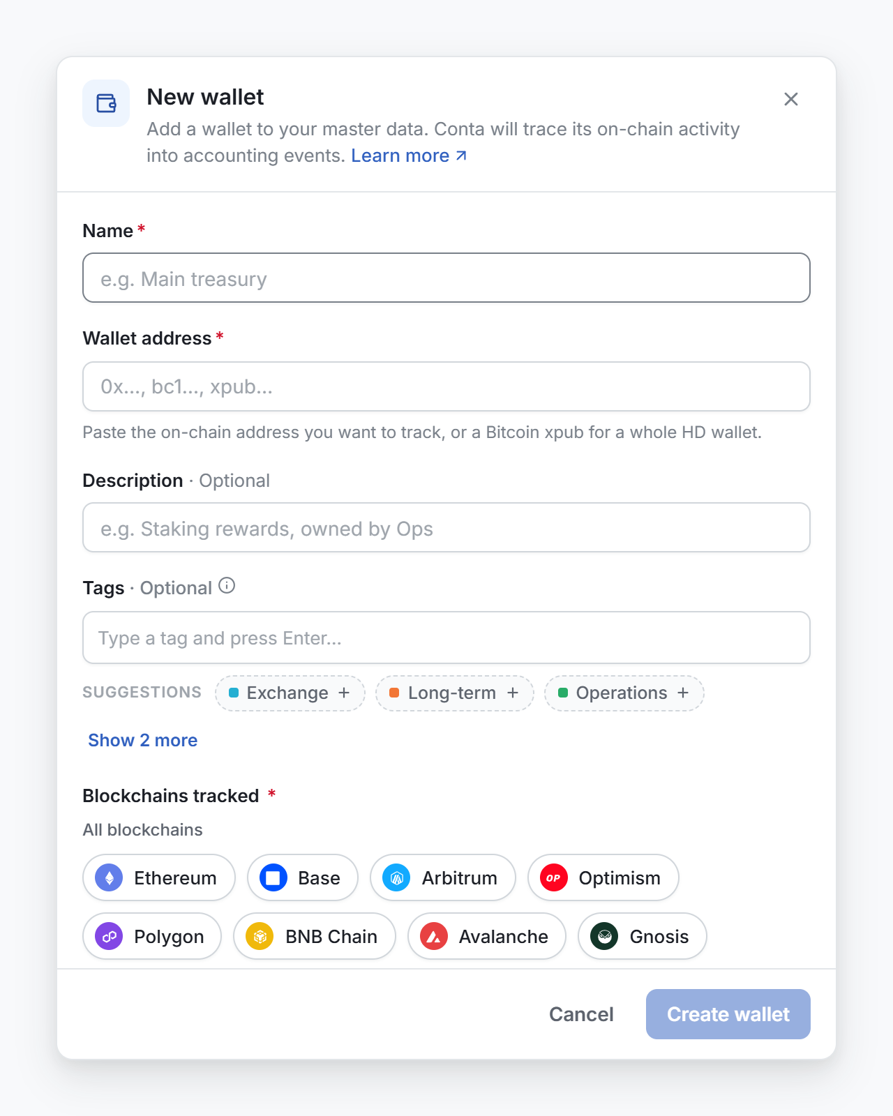 The New wallet form, with the name, the address, the tags and the Blockchains tracked chips
