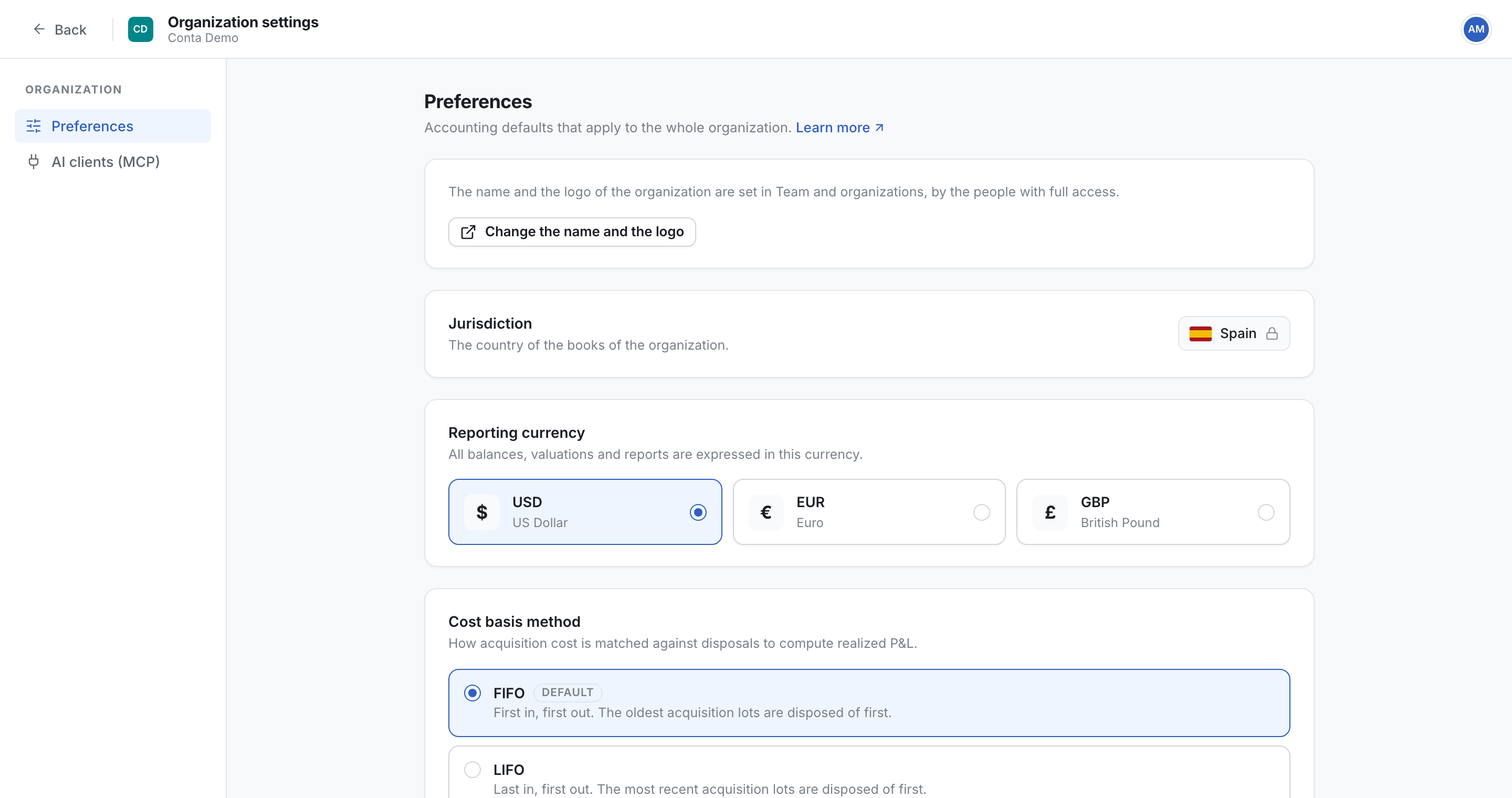 The Preferences page of Organization settings, with the Jurisdiction, Reporting currency and Cost basis method cards