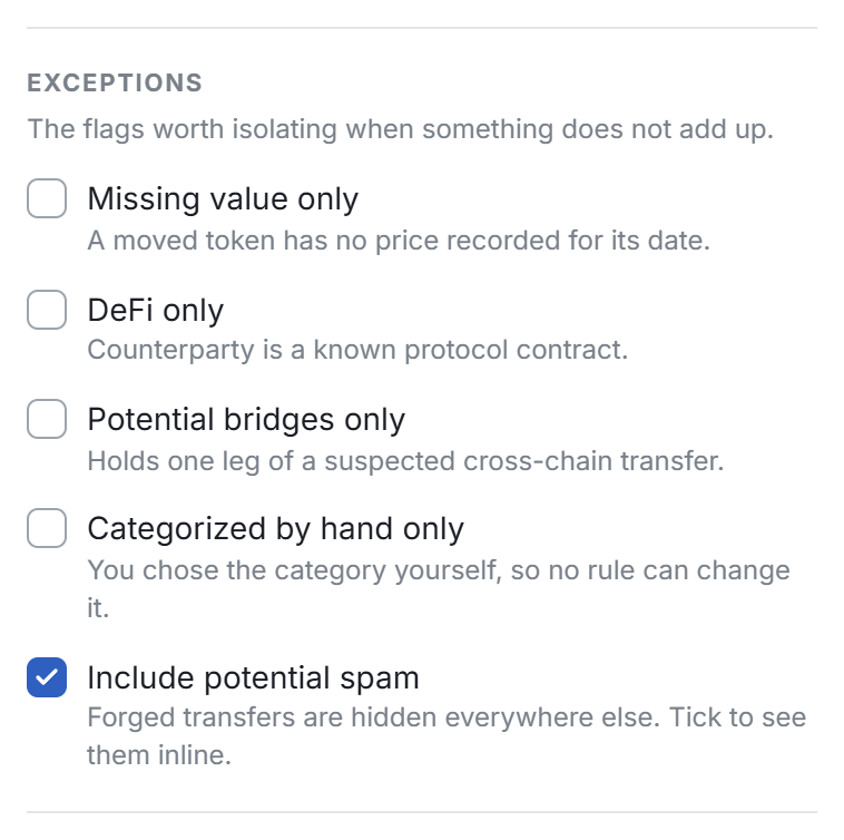 The Exceptions section of All filters, with Include potential spam ticked