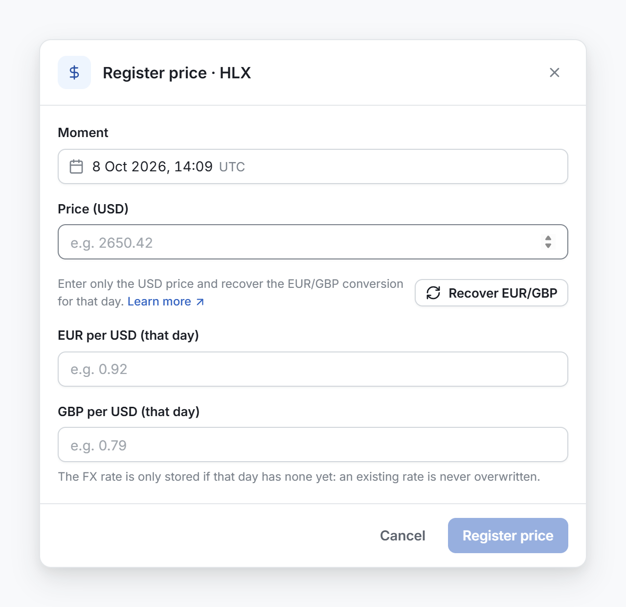 The Register price window, with the moment, the USD price and the EUR and GBP rates