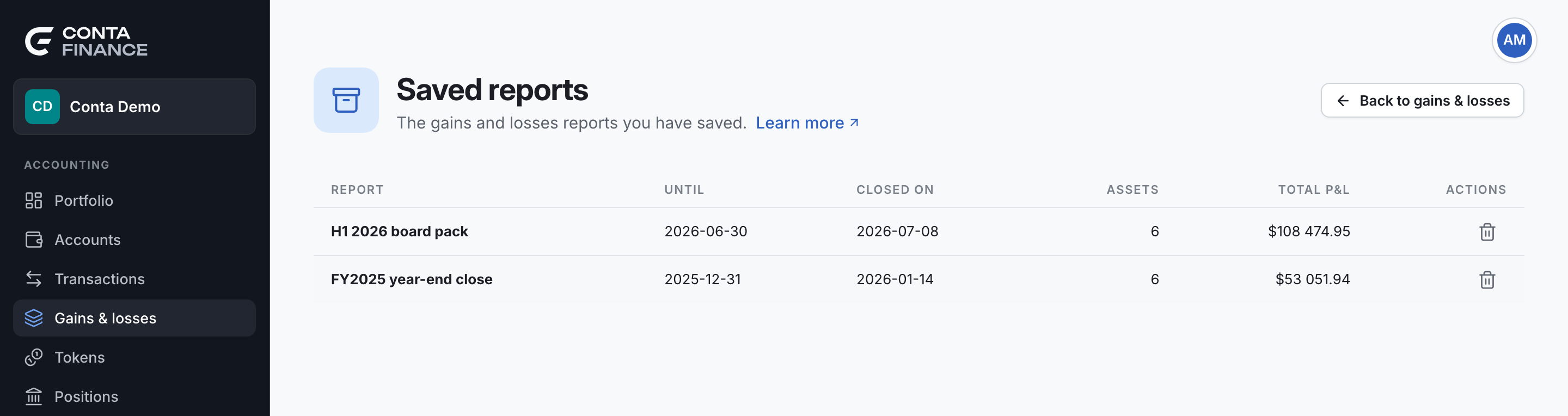 The Saved reports page, with the list of reports and their columns